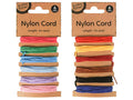 multiple bright colours including red, green, blue, yellow, purple, black; cord wound on cardboard; corded nylon material; each cord approximately 1 metre long;