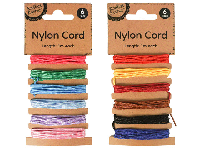multiple bright colours including red, green, blue, yellow, purple, black; cord wound on cardboard; corded nylon material; each cord approximately 1 metre long;