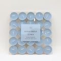 Pack of 25 tealights; Soft blue coloured wax; Each tealight in a silver aluminium cup; Packaged in a clear PVC tray;