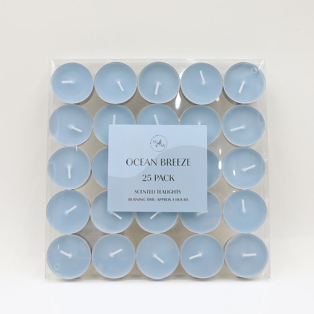 Pack of 25 tealights; Soft blue coloured wax; Each tealight in a silver aluminium cup; Packaged in a clear PVC tray;