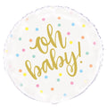 round foil balloon; white background; gold script text "oh baby"; multicoloured polka dots; 18 inch (45cm) diameter;