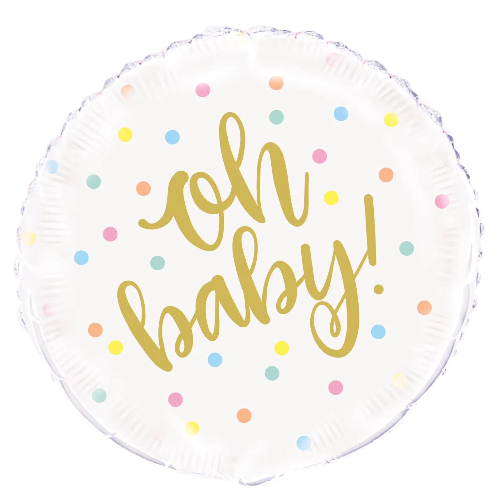 round foil balloon; white background; gold script text "oh baby"; multicoloured polka dots; 18 inch (45cm) diameter;