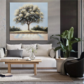 Square canvas shape; Tree subject with neutral colours; 2.2cm deep canvas edge; Gallery-wrapped style; Soft blue sky and green tones;
