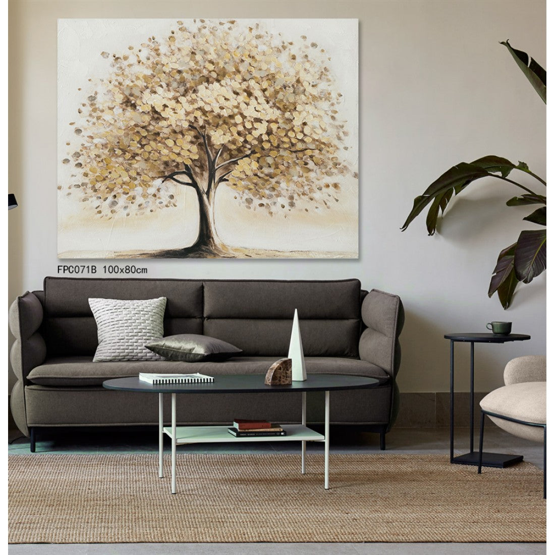 painting of a tree with beige and brown tones; rectangular canvas, 100x80cm; textured brush strokes visible; decorative wall art above sofa; canvas depth approx 2.2cm;