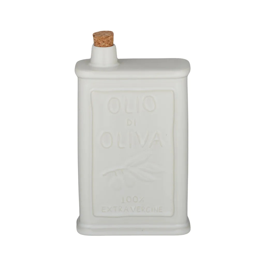 white matte ceramic material; rectangular shape with embossed front; cork stopper on top; dimensions approx. 12x6x22cm;