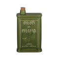 green ceramic material; rectangular shape; embossed text and olive design on front; cork stopper;