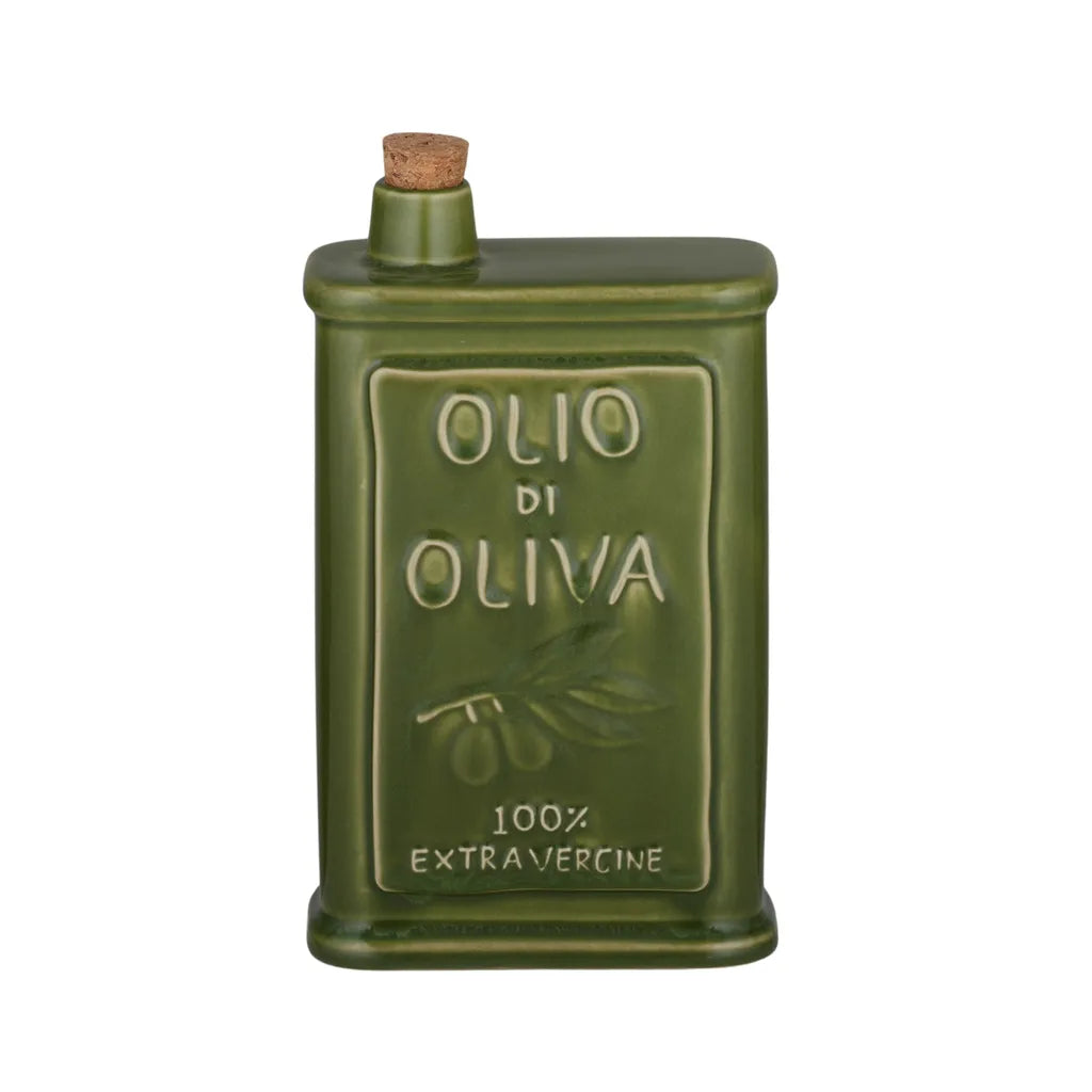 green ceramic material; rectangular shape; embossed text and olive design on front; cork stopper;