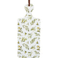 rectangular white trivet; olive branch pattern in green and yellow tones; brown leather hanging loop; smooth flat surface; rounded handle shape;
