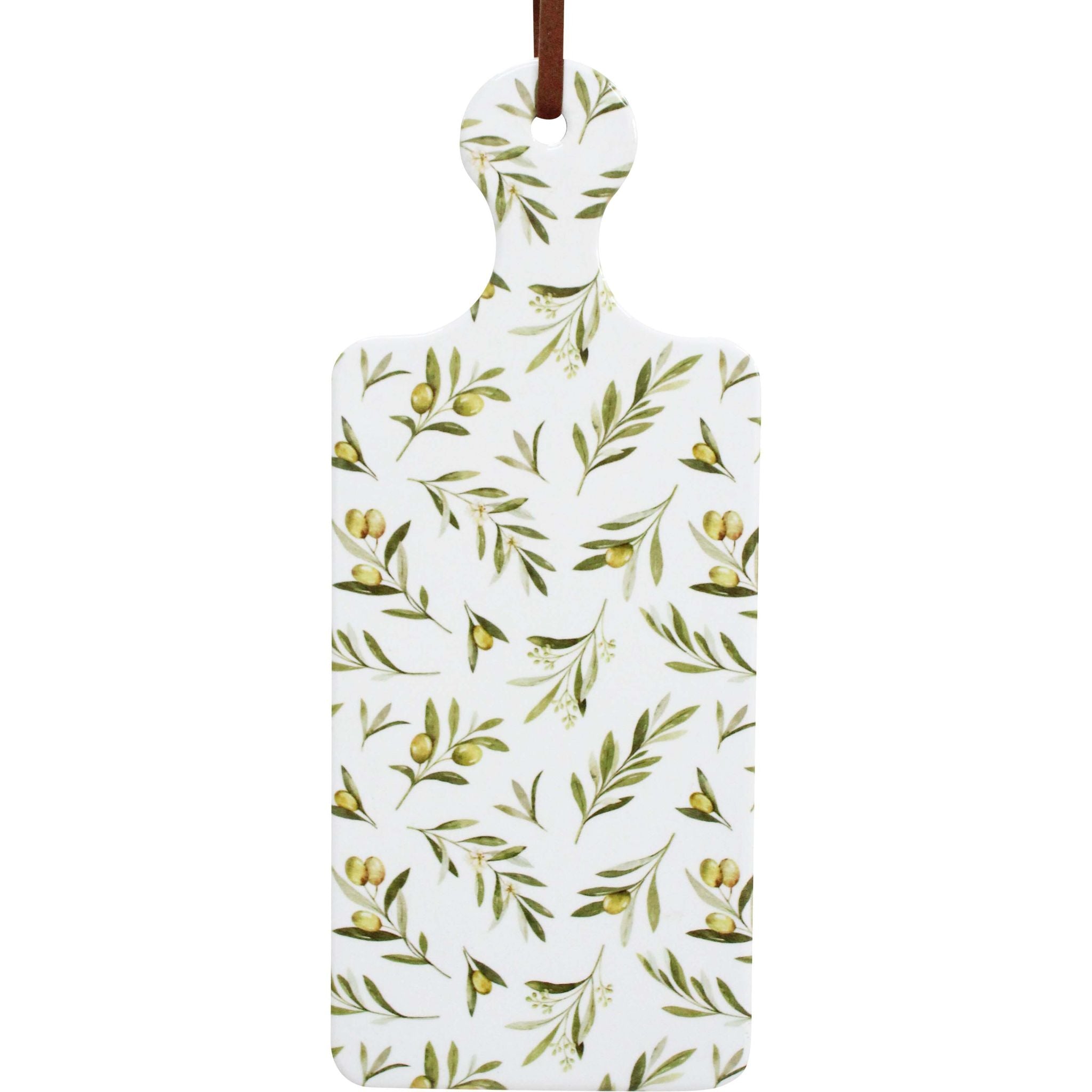 rectangular white trivet; olive branch pattern in green and yellow tones; brown leather hanging loop; smooth flat surface; rounded handle shape;