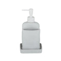 white ceramic material with fine speckled design; includes soap dispenser with pump; toothbrush holder compartment; rectangular soap dish base;