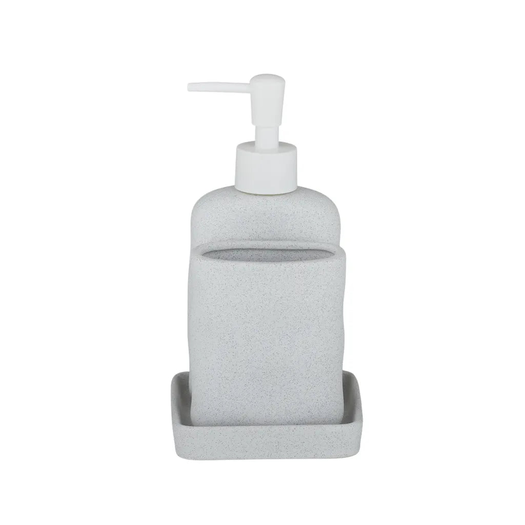 white ceramic material with fine speckled design; includes soap dispenser with pump; toothbrush holder compartment; rectangular soap dish base;