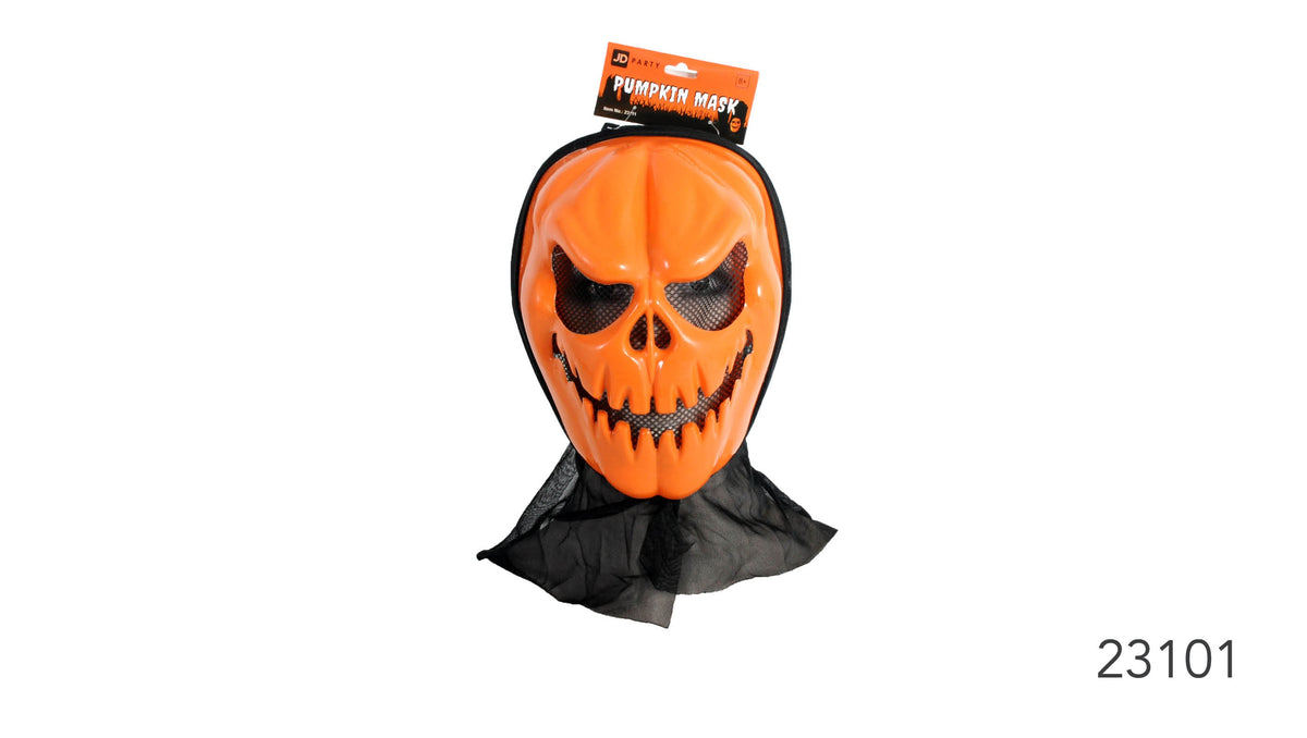 Bright orange mask shaped like a pumpkin skull; Black mesh visible across the eye and mouth openings; Black fabric drape attached below the mask; Black edging around the mask;