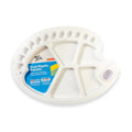 white oval palette; multiple wells for paint; thumb hole for holding; made of plastic material; 34x25cm size;