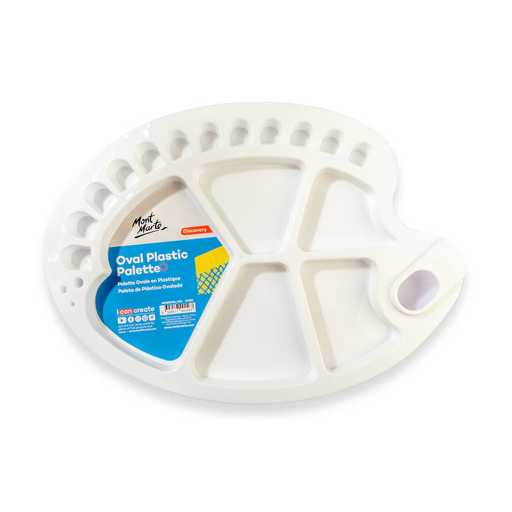 white oval palette; multiple wells for paint; thumb hole for holding; made of plastic material; 34x25cm size;