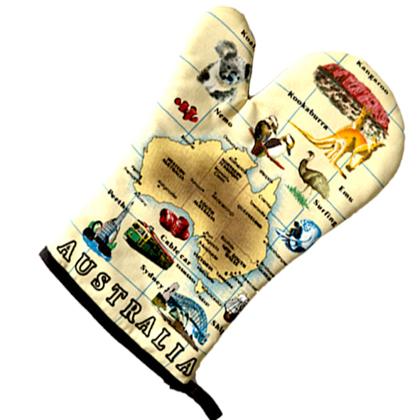 Beige fabric with printed Australian map; Illustrations of native animals and cities; Black hanging loop at cuff; Rectangular mitten shape;