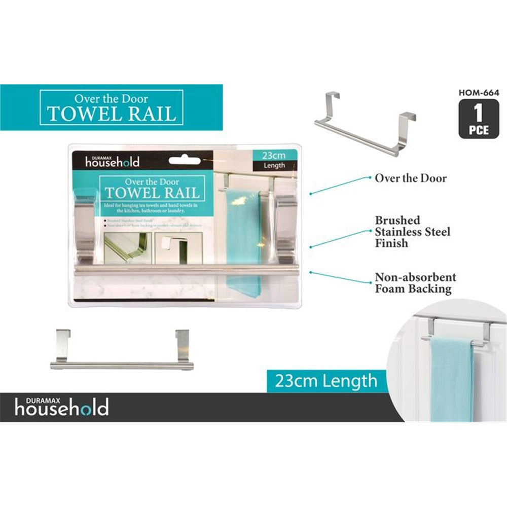 brushed stainless steel finish; 23cm length; over the door design; non-absorbent foam backing; rectangular rail shape;