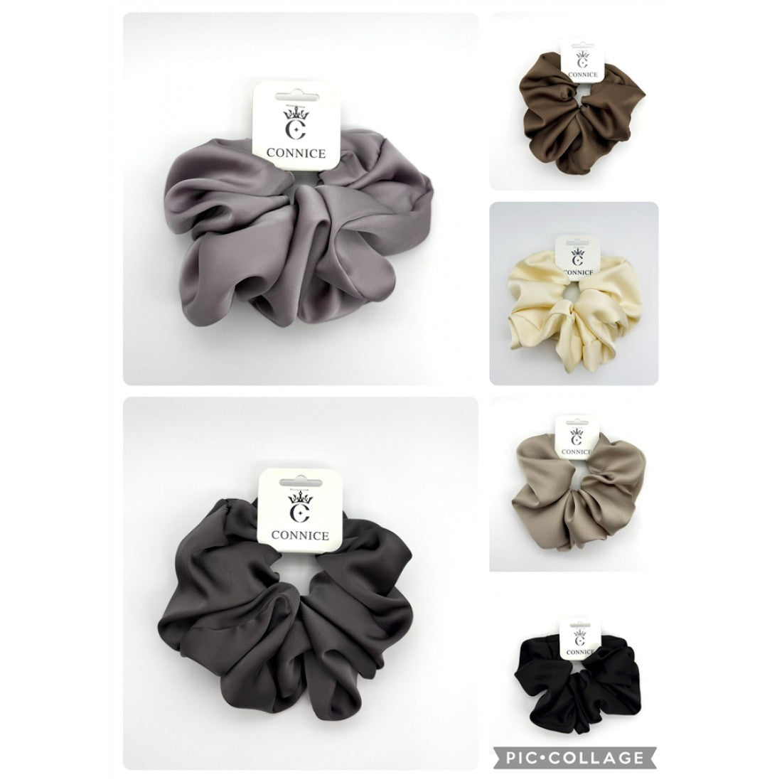 Large oversize scrunchie design; Smooth satin fabric with a slight sheen; Presented on white branded Connice card; Shown in multiple neutral colours including grey, cream, brown and black;