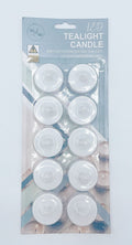 pack of 10 white LED tealight candles; plastic casing; battery operated; sealed blister packaging; includes battery;