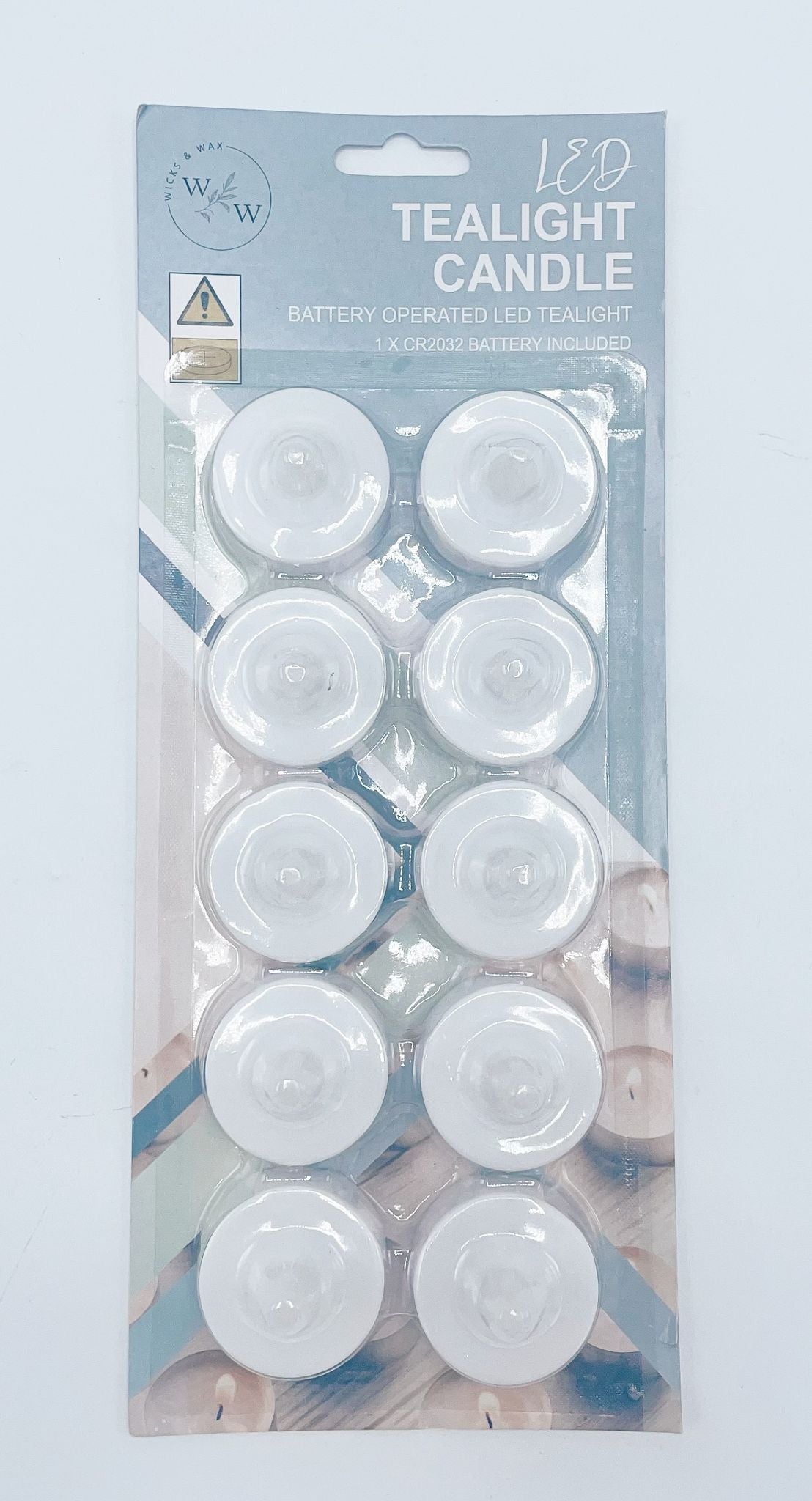 pack of 10 white LED tealight candles; plastic casing; battery operated; sealed blister packaging; includes battery;