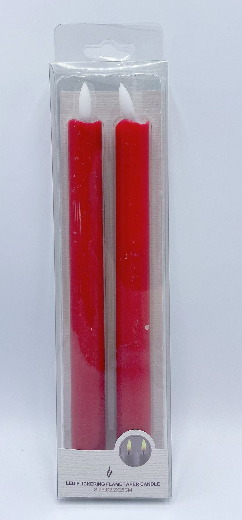 red wax taper candles; white LED flame tips; pack of 2; clear plastic packaging; each candle 25cm long;