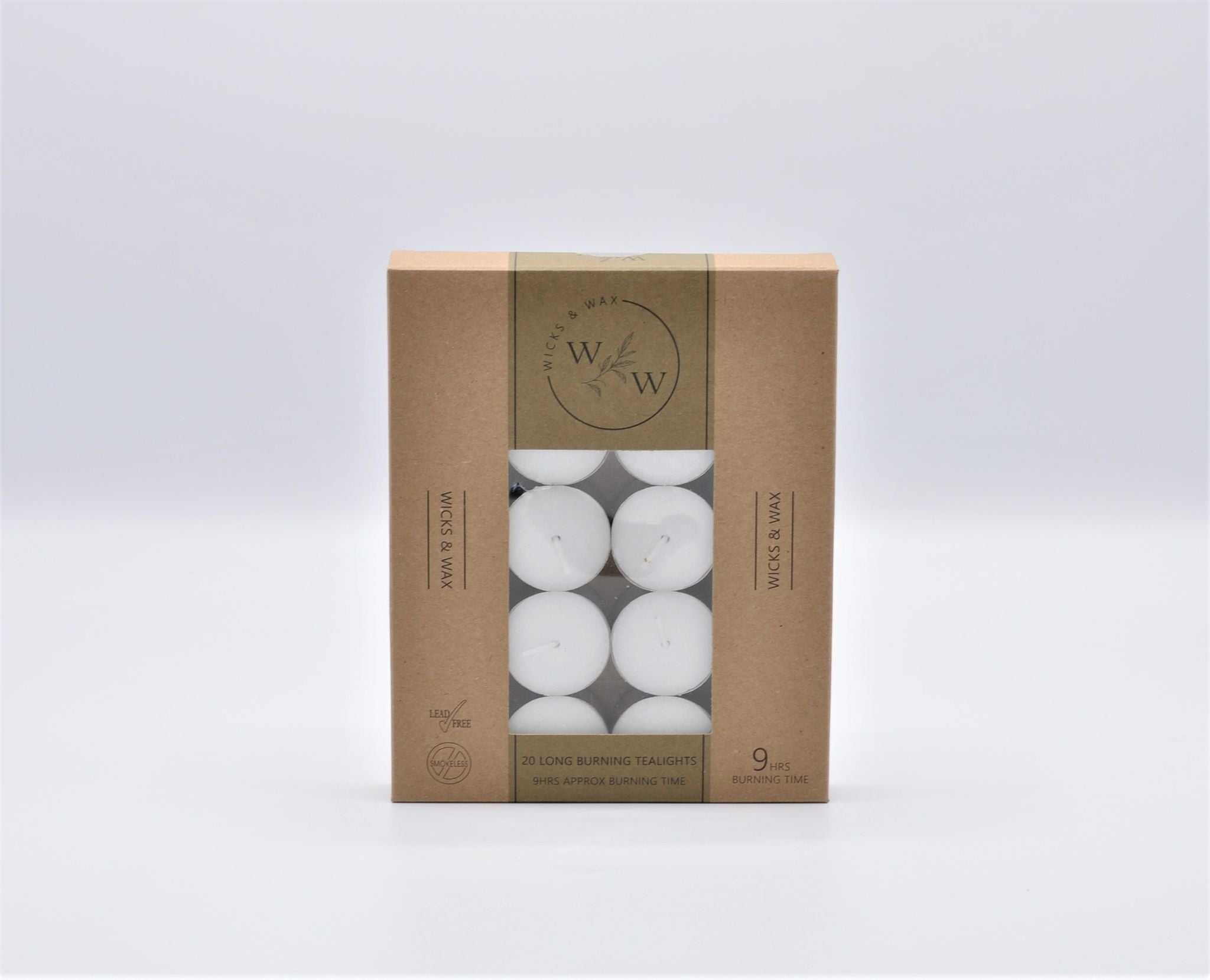 brown cardboard box packaging; window showing white tealights; black text and symbols on packaging; product labelled with 9 hours burn time; pack contains multiple tealight candles;