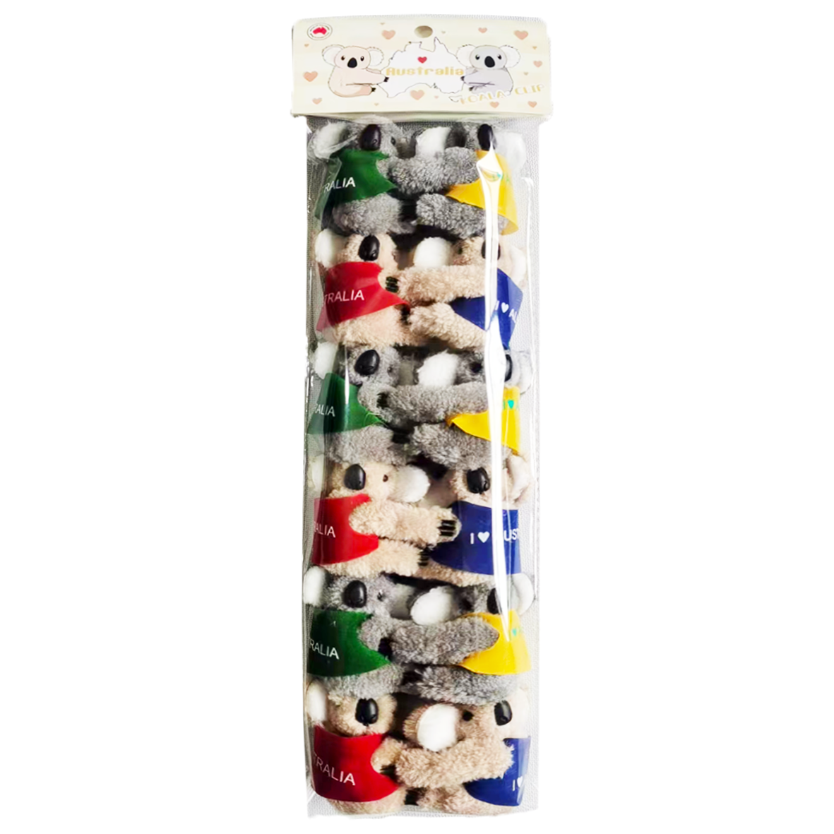plush koala shape; various coloured jackets with Australia text; clip attached at back; packaged in clear plastic with header card; mix of grey and beige koalas;
