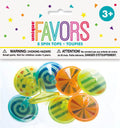 8 plastic spin tops; transparent coloured plastic; varied stripe and pattern designs; packaged in clear polybag with header card; age 3+ symbol on packaging;
