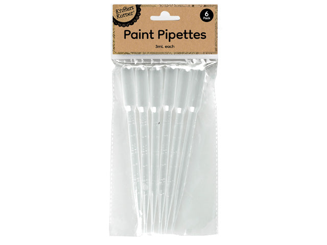 Transparent plastic pipettes; Marked measurement lines; 6 pipettes in a clear plastic pack; Brown cardboard label with product info;