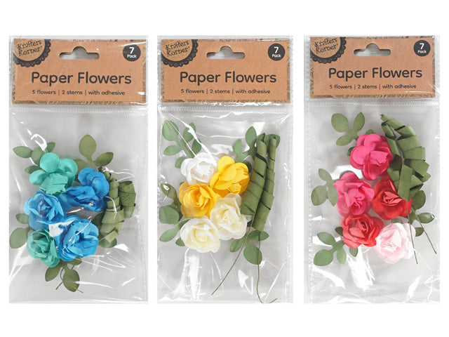pack includes 7 items: flowers and stems; assorted colours: blue, yellow, pink, red, white; green paper leaves with stems; flowers made of folded paper; packaging is clear plastic with cardboard header;