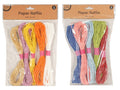 pack of 5 twisted paper raffia; each pack in assorted colours; colours include orange, yellow, white, pink, blue, green, red; raffia tied with pink bands; clear plastic packaging with brown header;