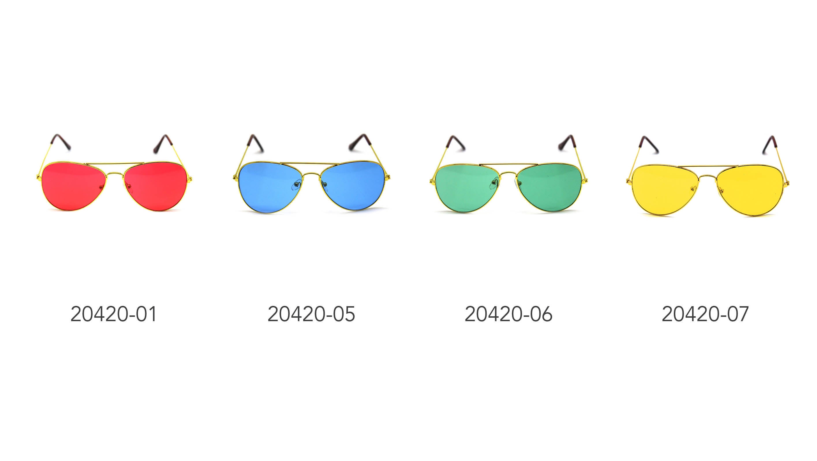 aviator style shape; silver metal frame; coloured lenses in red, blue, green, yellow; thin temple arms with black tips;