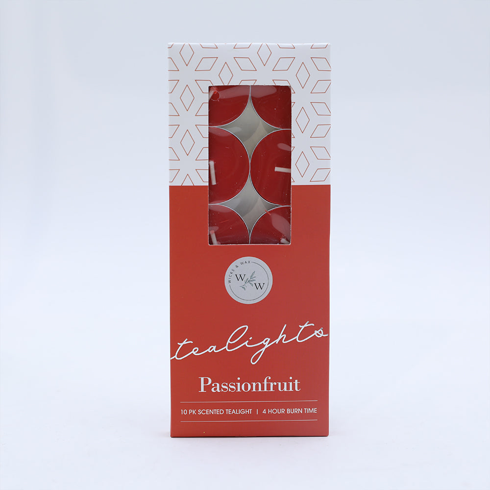 packaged in a rectangular box; box colour is orange and white; 10 red tealights visible; silver foil logo on packaging;