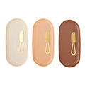 Oval shaped plates; Three warm colours: cream, peach, brown; Gold-tone mini knives; Matte finish on plates;