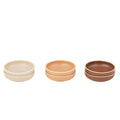 Set of 6 dishes; Three different neutral colours; Circular shape; Matte ceramic finish; Stacked in pairs;