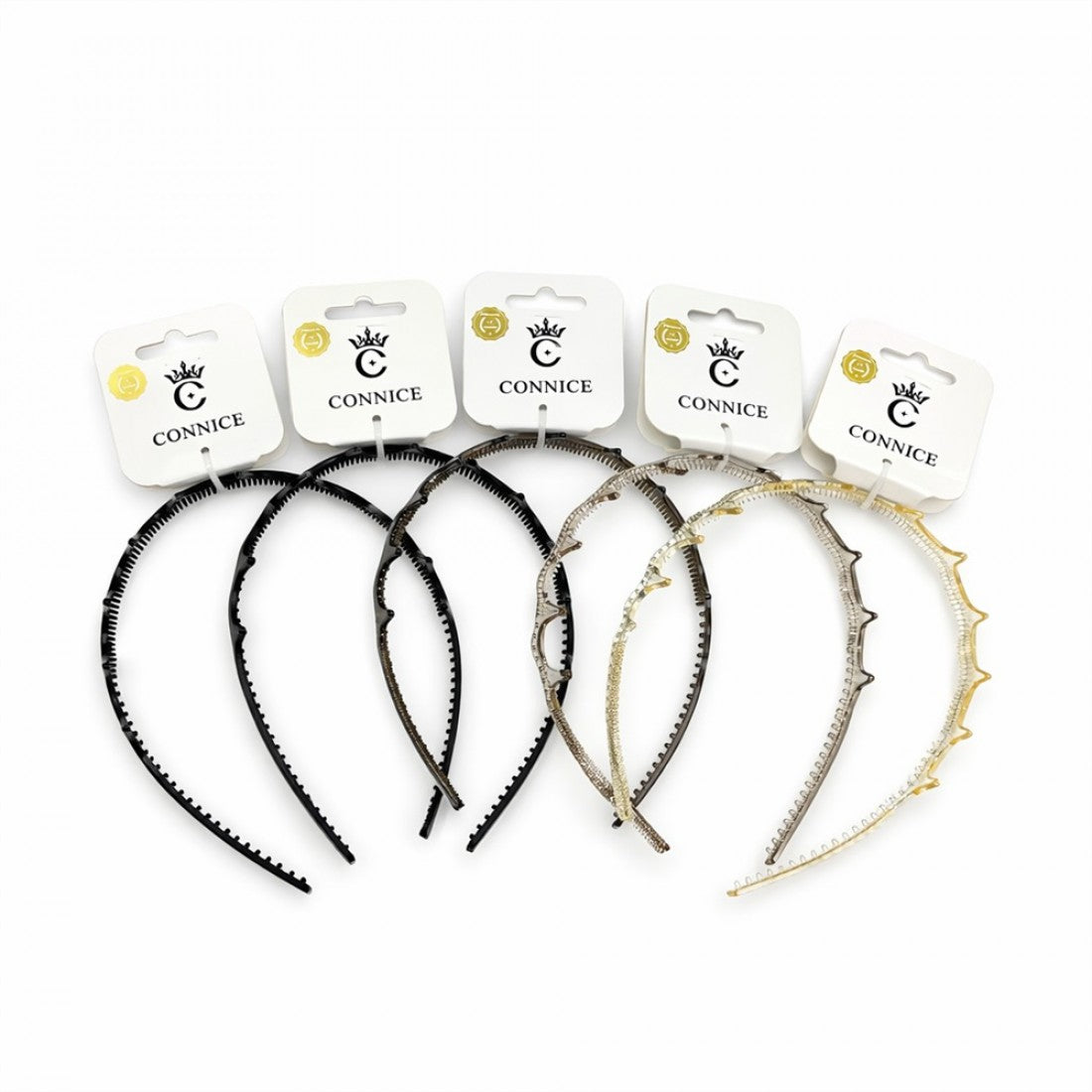 Slim plastic headbands with zig zag or spiked edges; Shark tooth-style inner comb teeth along the band; Mix of solid black and metallic-look finishes; Displayed on white CONNICE branded hang tags;