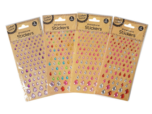 pear drop shaped rhinestones; assorted colours including purple, pink, red, blue, green; rhinestone stickers on kraft card backing; each sheet contains multiple sizes of rhinestones;