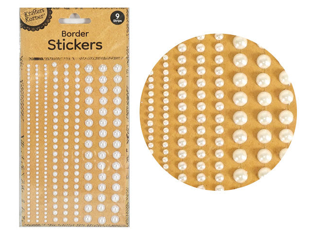 pearl-effect stickers; 9 strips per pack; assorted pearl sizes; strip packaging with kraft backing; self-adhesive border stickers;