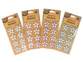 flower shaped stickers; rhinestone outline; pearl centre; available in white, pink, purple, blue; 8 stickers per pack;
