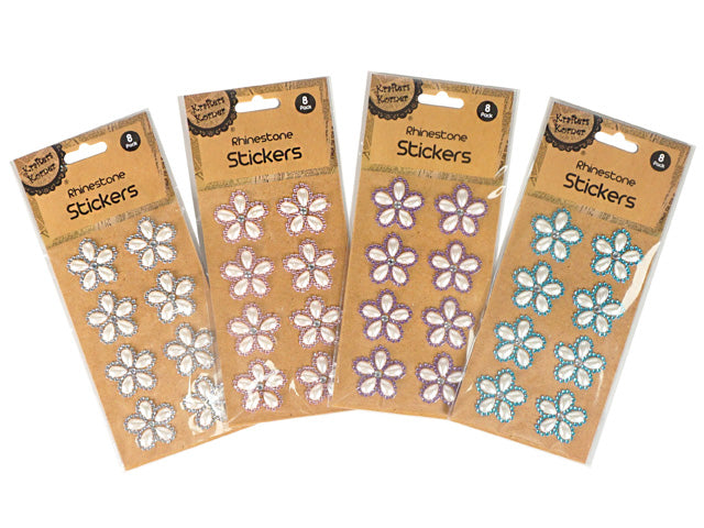 flower shaped stickers; rhinestone outline; pearl centre; available in white, pink, purple, blue; 8 stickers per pack;