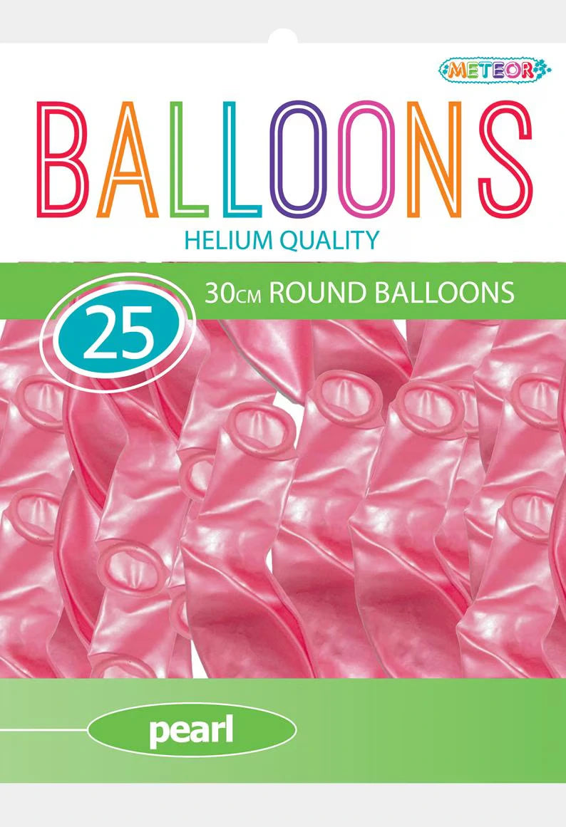 pearl pink colour; round balloon shape; latex material; pack of 25 balloons; helium quality labelled;