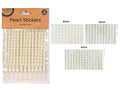 off-white pearl colour; round dome shape pearls; three sizes visible: 8mm, 6mm, 4mm; packaged in clear plastic pouch; three sheets of stickers per pack;