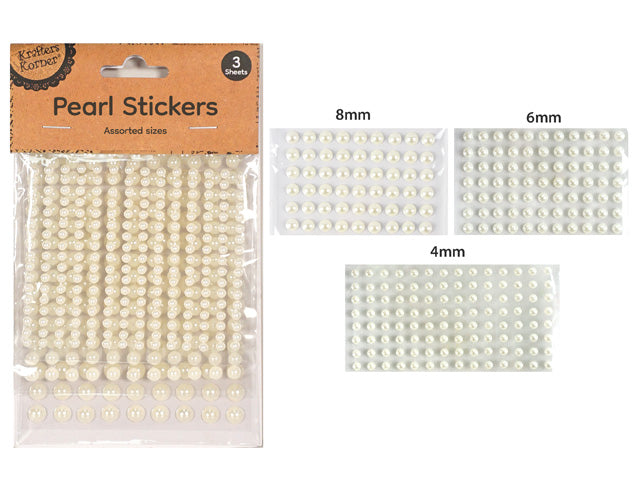 off-white pearl colour; round dome shape pearls; three sizes visible: 8mm, 6mm, 4mm; packaged in clear plastic pouch; three sheets of stickers per pack;