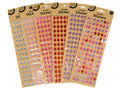 7 strips per pack; teardrop shape; assorted colours including silver, pink, red, purple; pearl finish; self-adhesive stickers on brown backing card;