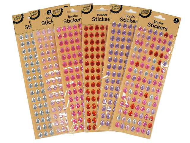 7 strips per pack; teardrop shape; assorted colours including silver, pink, red, purple; pearl finish; self-adhesive stickers on brown backing card;