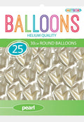 Pearl white colour; Round 30cm size; Pack of 25 balloons; Latex material; Pearlescent finish on balloons;