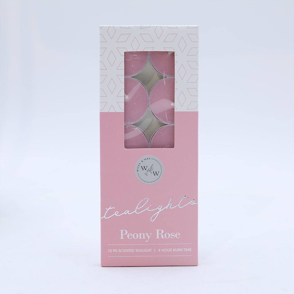 pink coloured tealights; pack of 10 candles; rectangular box with window display; white and pink colour packaging; silver text and logo on packaging;