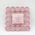 25 pink tealights; clear PVC box packaging; white wicks; round metal candle holders;