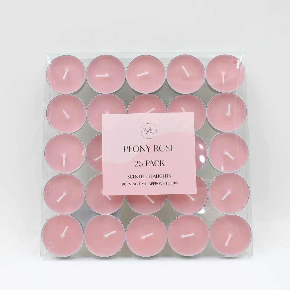 25 pink tealights; clear PVC box packaging; white wicks; round metal candle holders;