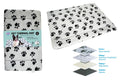 white mat with black paw prints; rectangular shape; fleece polyester cover; 3cm thickness; packaging band with dog image and text;