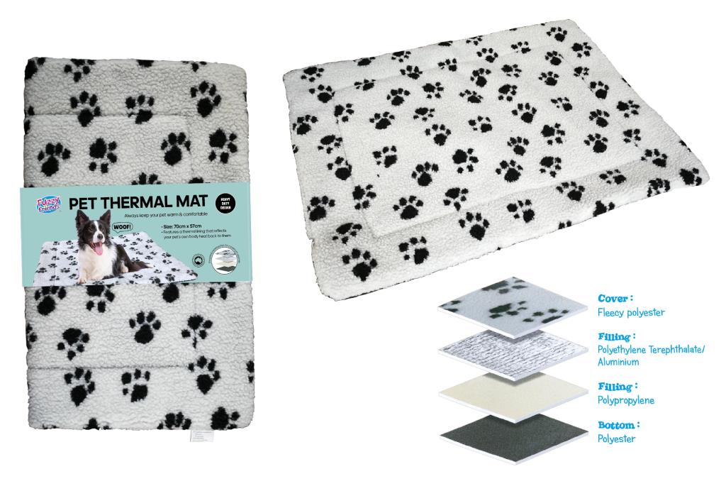 white mat with black paw prints; rectangular shape; fleece polyester cover; 3cm thickness; packaging band with dog image and text;